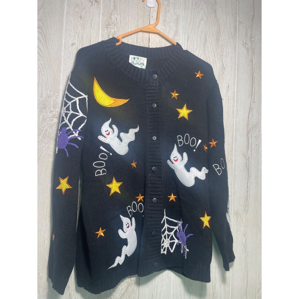 Quacker Cardigan Sweater Womens L Black Tight-Knit Boo Graphic Holiday Button-Up
